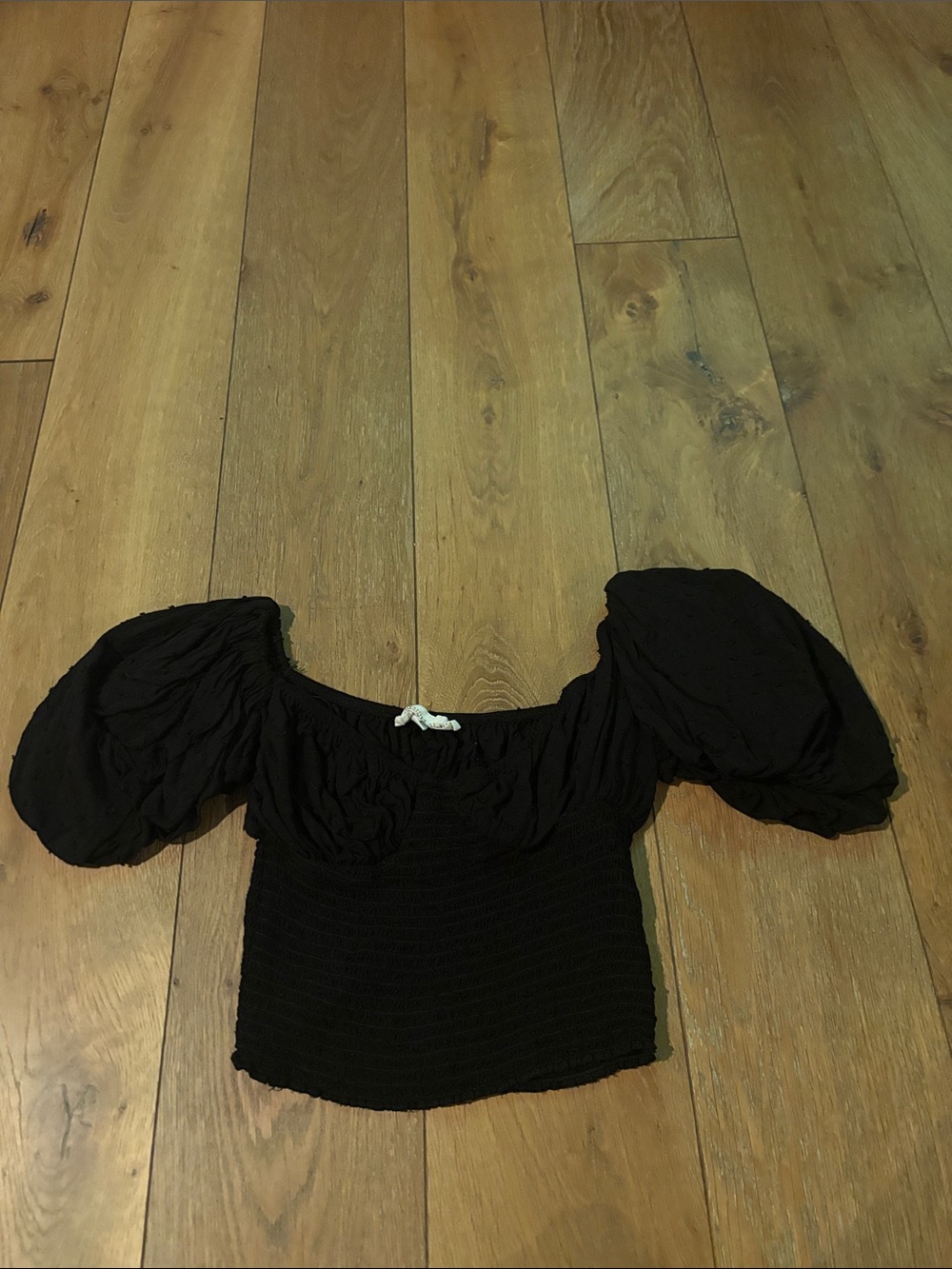 Isabelle’s Cabinet Black Puff-Sleeve Crop Top with Smocked Bodice